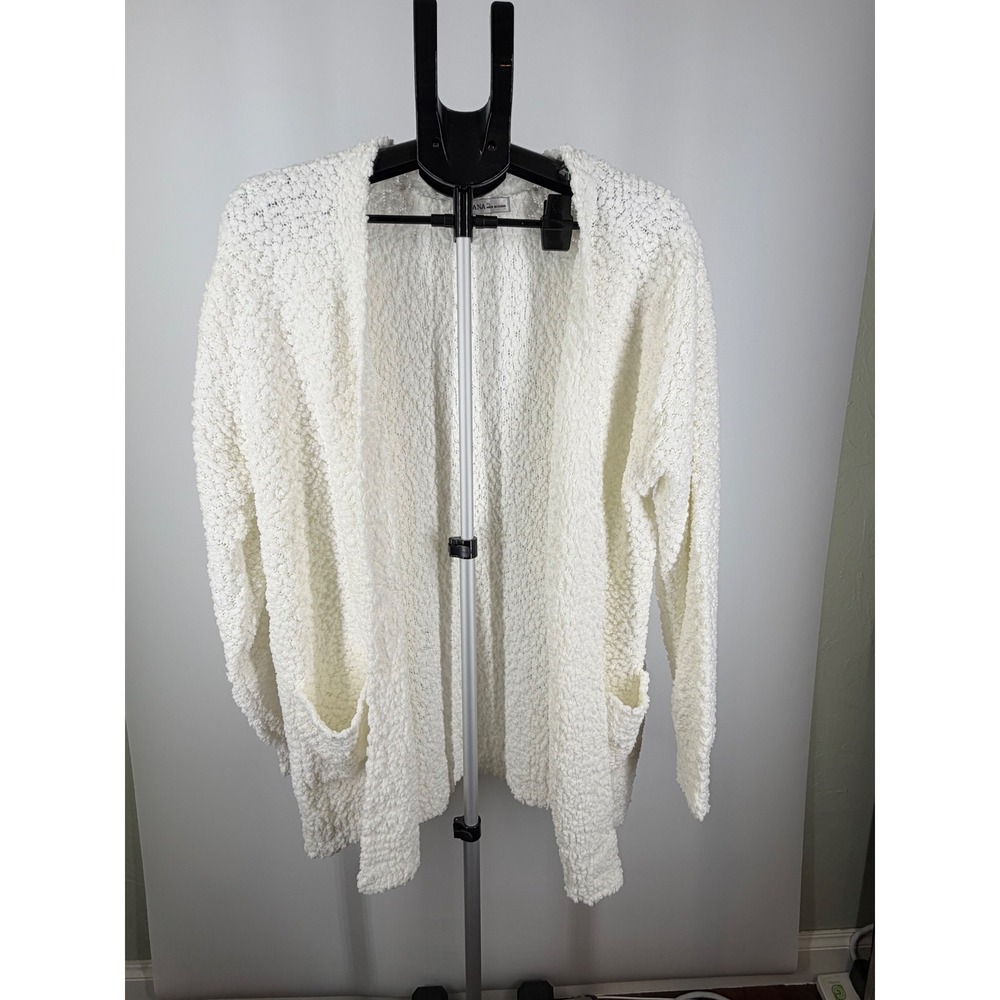 Zenana White Popcorn Knit Open Front Cardigan Sweater Pockets Women XL